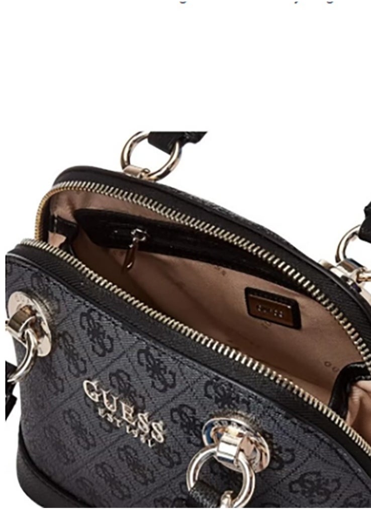 A handbag designed with a top handle and featuring a prominent metallic buckle.