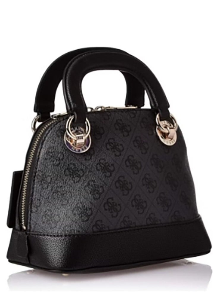 A handbag designed with a top handle and featuring a prominent metallic buckle.