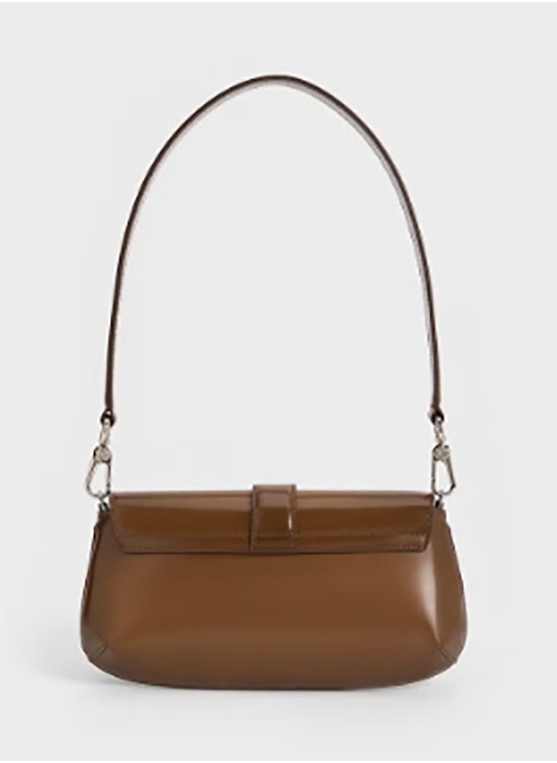 CHARLES & KEITH Crossbody Bag Gabine Leather Elongated Shoulder Bag - Brown