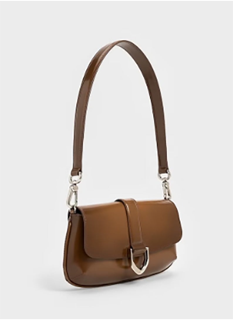 CHARLES & KEITH Crossbody Bag Gabine Leather Elongated Shoulder Bag - Brown