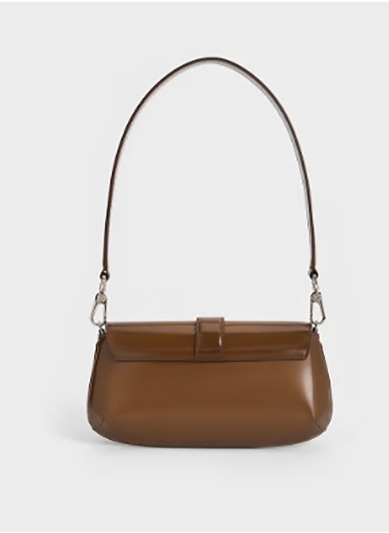 CHARLES & KEITH Crossbody Bag Gabine Leather Elongated Shoulder Bag - Brown