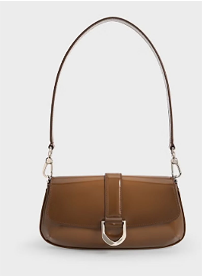 CHARLES & KEITH Crossbody Bag Gabine Leather Elongated Shoulder Bag - Brown