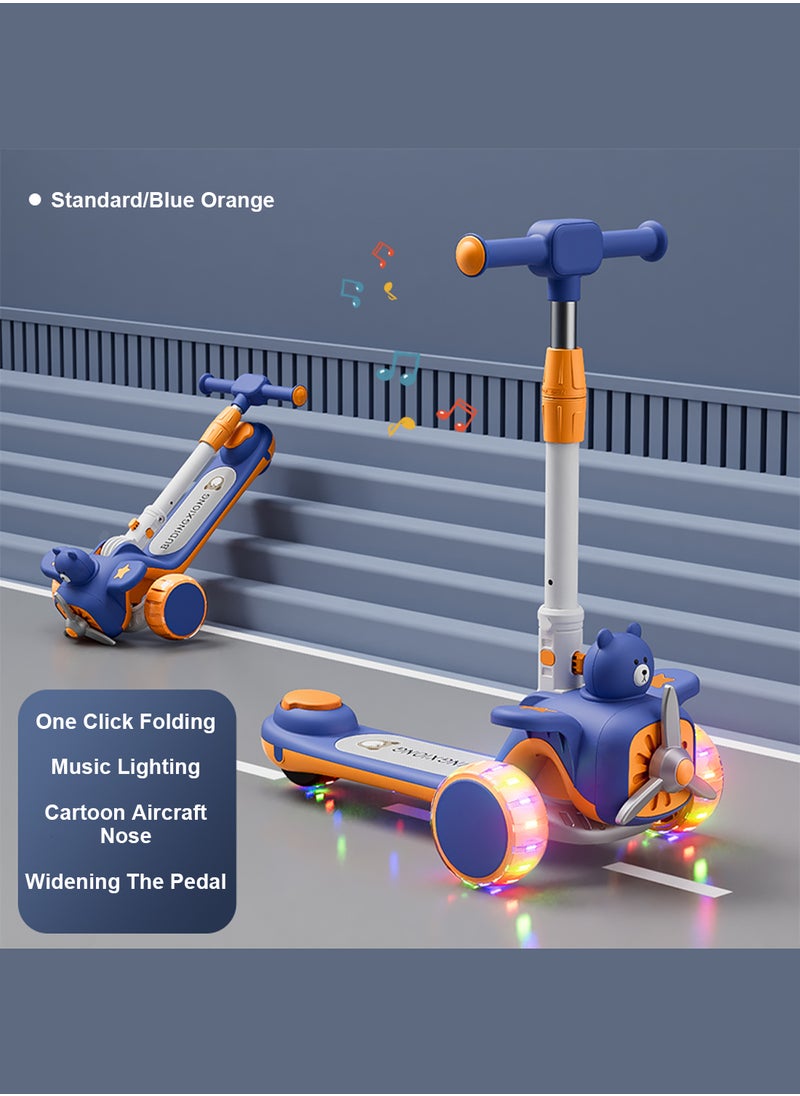3-in-1 Kids Kick Scooter Foldable and Adjustable, with Gravity Steering and LED Flashing Wheels, for 1-6 Years Boys and Girls Indoor Outdoor (Blue)