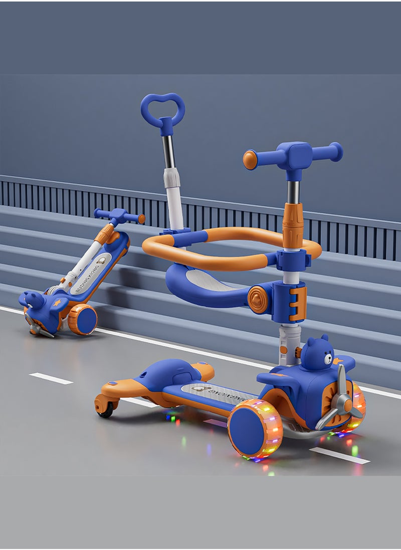 3-in-1 Kids Kick Scooter Foldable and Adjustable, with Gravity Steering and LED Flashing Wheels, for 1-6 Years Boys and Girls Indoor Outdoor (Blue)