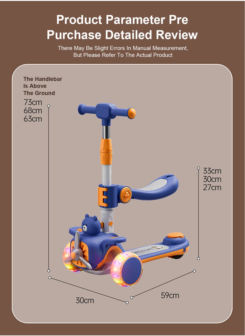 3-in-1 Kids Kick Scooter Foldable and Adjustable, with Gravity Steering and LED Flashing Wheels, for 1-6 Years Boys and Girls Indoor Outdoor (Blue)