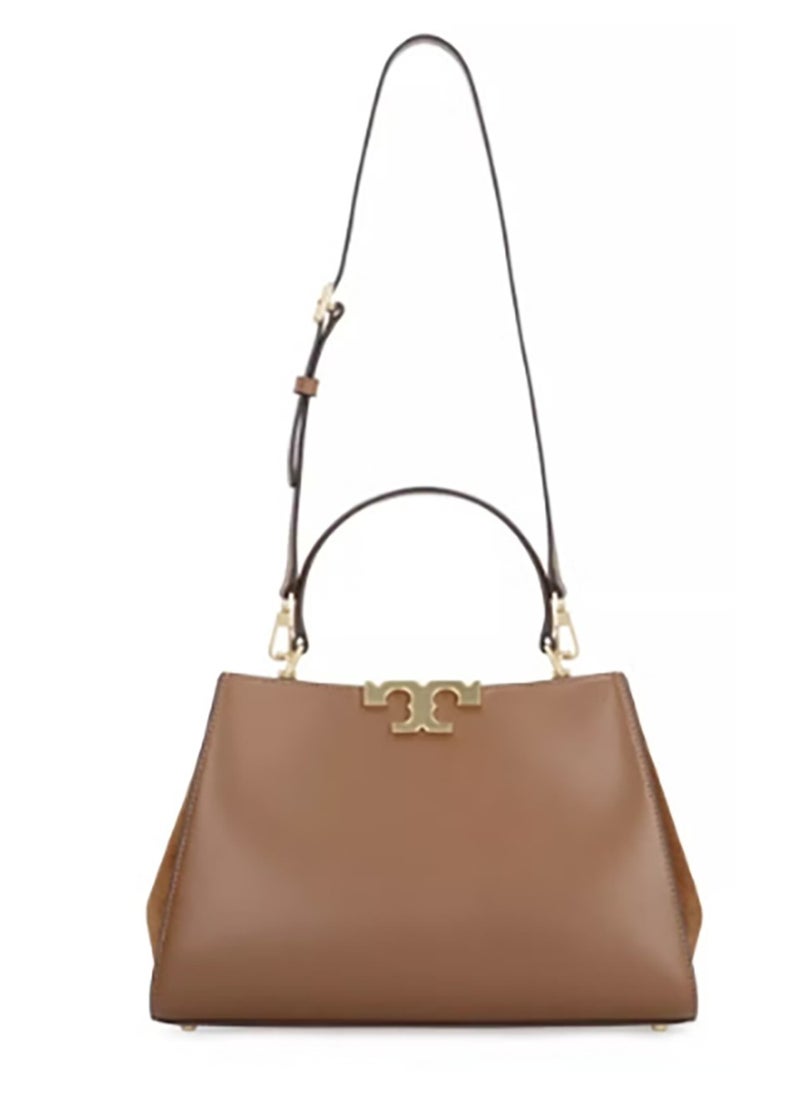 The shoulder crossbody tote bag by Tory Burch, crafted from leather and trimmed with suede, named Eleanor.