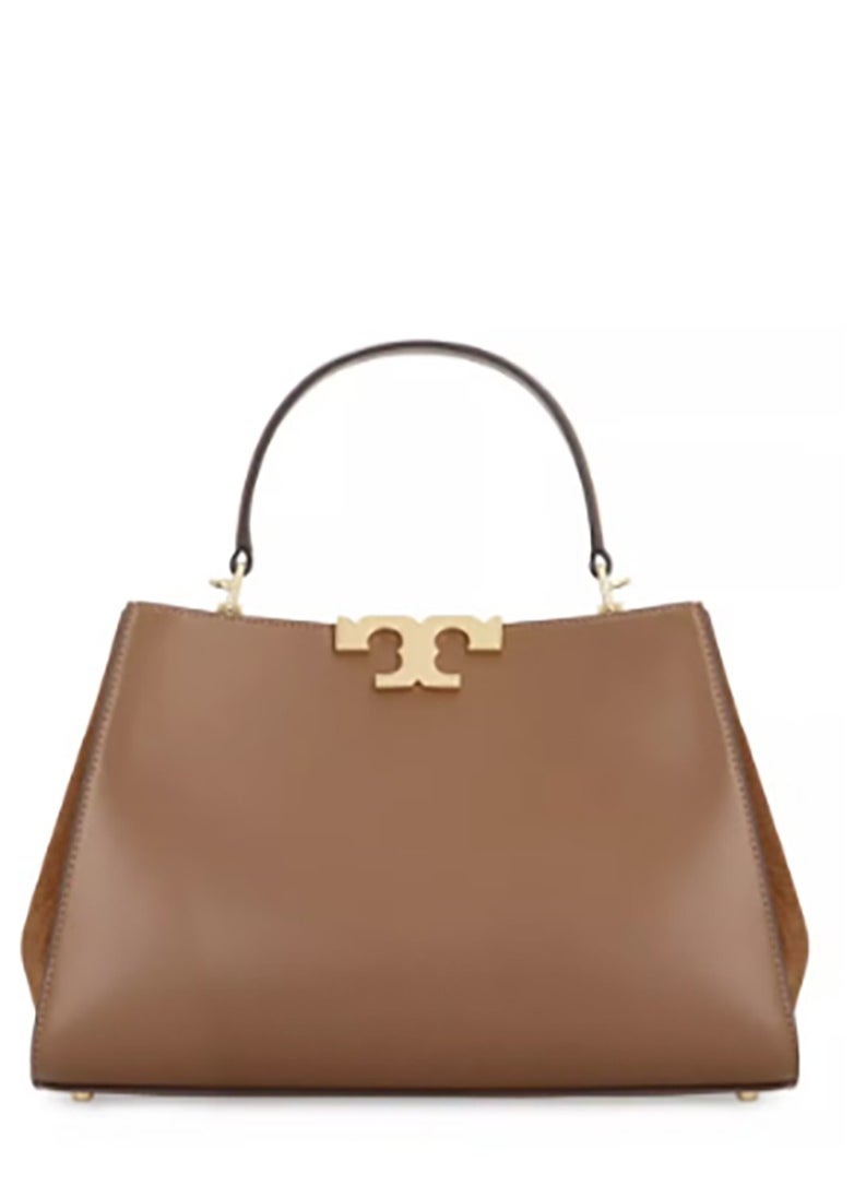 The shoulder crossbody tote bag by Tory Burch, crafted from leather and trimmed with suede, named Eleanor.