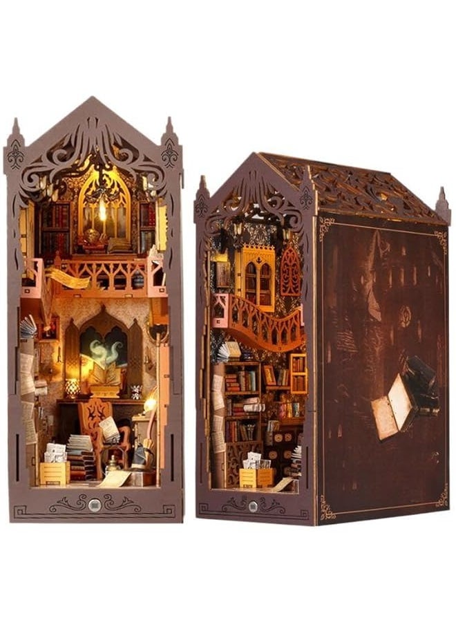 KNOWPLAYER Book Nook Dollhouse Kit, Magic Library Book Nook Miniature Kits for Adults Teen, DIY 3D Wooden Puzzle Bookend Bookshelf Insert Decor with Sensor Led Light