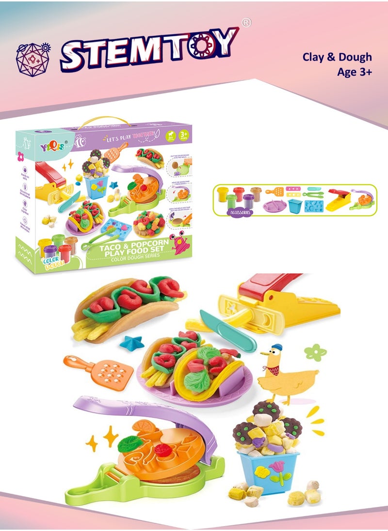 DIY Playdough Set Play Dough Tools Taco & Popcorn Play Set Play Dough with 5 Colors Clay, 2 Machines, Creative Role-Play Toy Pretend Play Shop Pretend Play Kitchen Restaurant, Family Party Birthday Gifts for Kids Girls Boys Ages 3+