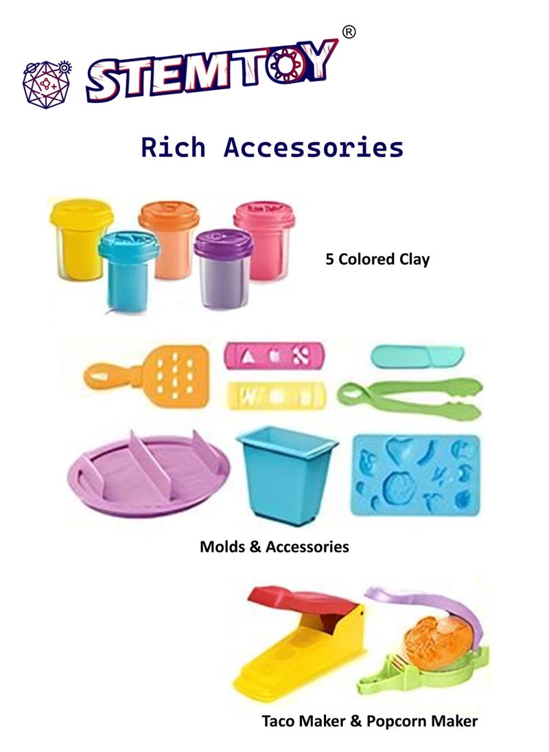DIY Playdough Set Play Dough Tools Taco & Popcorn Play Set Play Dough with 5 Colors Clay, 2 Machines, Creative Role-Play Toy Pretend Play Shop Pretend Play Kitchen Restaurant, Family Party Birthday Gifts for Kids Girls Boys Ages 3+