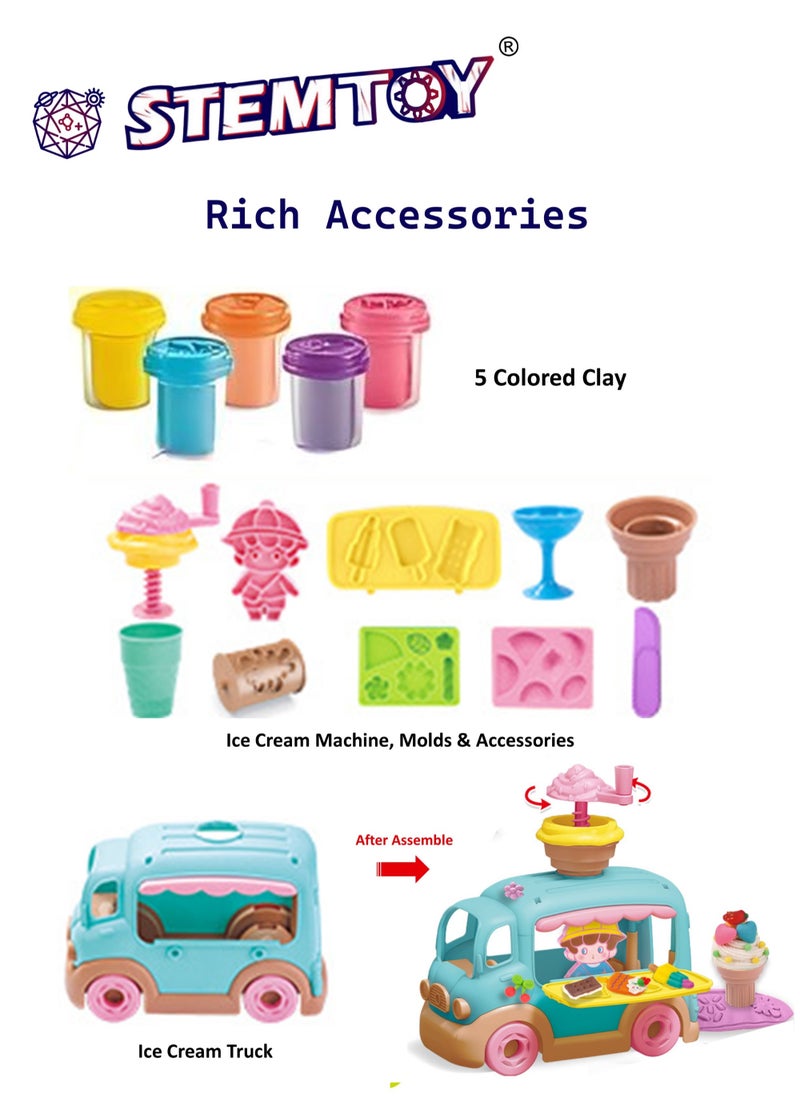 DIY Playdough Set Play Dough Tools Ice Cream Truck Play Set Play with 16 Pcs Accessories, 5 Colors Clay, Ice Cream Machine & Molds, Pretend Ice Cream Stand Shop Role-Playing Pretend Play Toy for Kids Girls Boys Ages 3+ Family Party Birthday