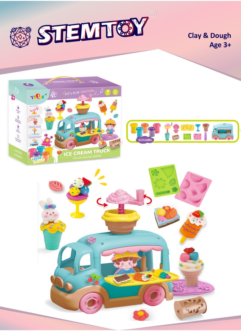 DIY Playdough Set Play Dough Tools Ice Cream Truck Play Set Play with 16 Pcs Accessories, 5 Colors Clay, Ice Cream Machine & Molds, Pretend Ice Cream Stand Shop Role-Playing Pretend Play Toy for Kids Girls Boys Ages 3+ Family Party Birthday