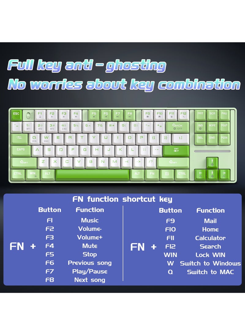 87 Keys Mechanical Keyboard - Hot Swap - Blue Switch - 2.4GHz/Bluetooth/Type-C Wired - Gaming Keyboard - Office Keyboard - RGB Lighting Effect - Computer Keyboard(Green)