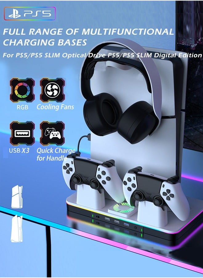 PS5 accessories ps5 controller charger PS5 Stand with Cooling Station Playstation 5 Controller Charging Station for PS5 & PS5 Slim Console Disc/Digital Edition, PS5 Accessories-Cooling Fan, RGB LED, USB Hubs, Headset Holder,Game Slot