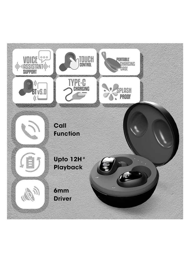 Zeb-Sound 1 TWS Earbuds with BT5.0, Up to 12H Playback, Touch Controls, Voice Assistant, Splash Proof Type C Portable Charging Case, Wireless