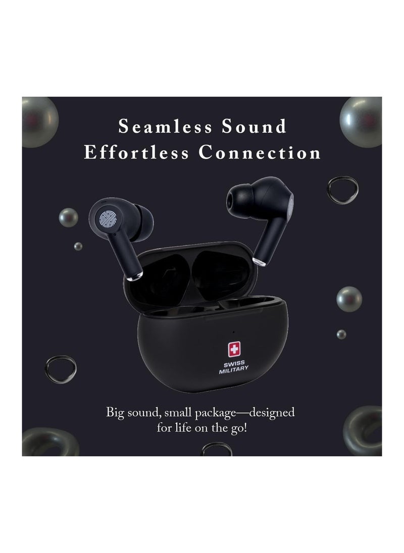 Swiss Military Delta5 Active Noise Cancelling Earbuds with ENC & Transparency Mode, Smart Touch Sensors, 300Hr Standby & 5Hr Music Time, Seamless Connectivity, Works with Android/iOS Phones- Black