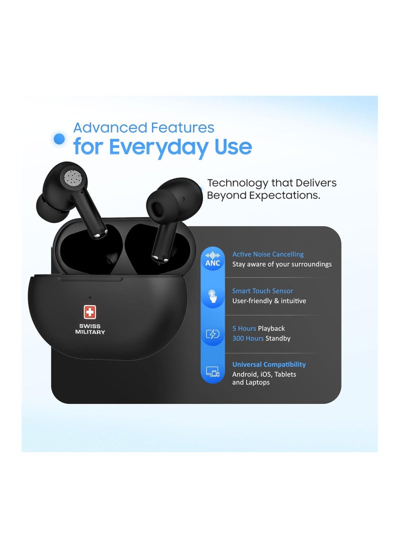 Swiss Military Delta5 Active Noise Cancelling Earbuds with ENC & Transparency Mode, Smart Touch Sensors, 300Hr Standby & 5Hr Music Time, Seamless Connectivity, Works with Android/iOS Phones- Black