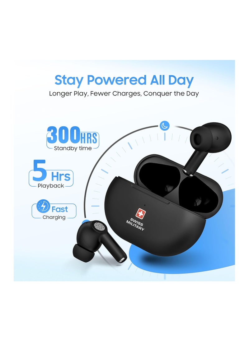 Swiss Military Delta5 Active Noise Cancelling Earbuds with ENC & Transparency Mode, Smart Touch Sensors, 300Hr Standby & 5Hr Music Time, Seamless Connectivity, Works with Android/iOS Phones- Black
