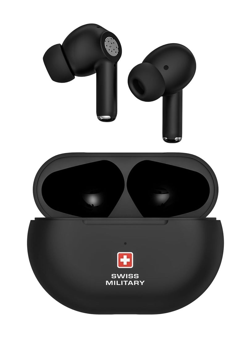 Swiss Military Delta5 Active Noise Cancelling Earbuds with ENC & Transparency Mode, Smart Touch Sensors, 300Hr Standby & 5Hr Music Time, Seamless Connectivity, Works with Android/iOS Phones- Black