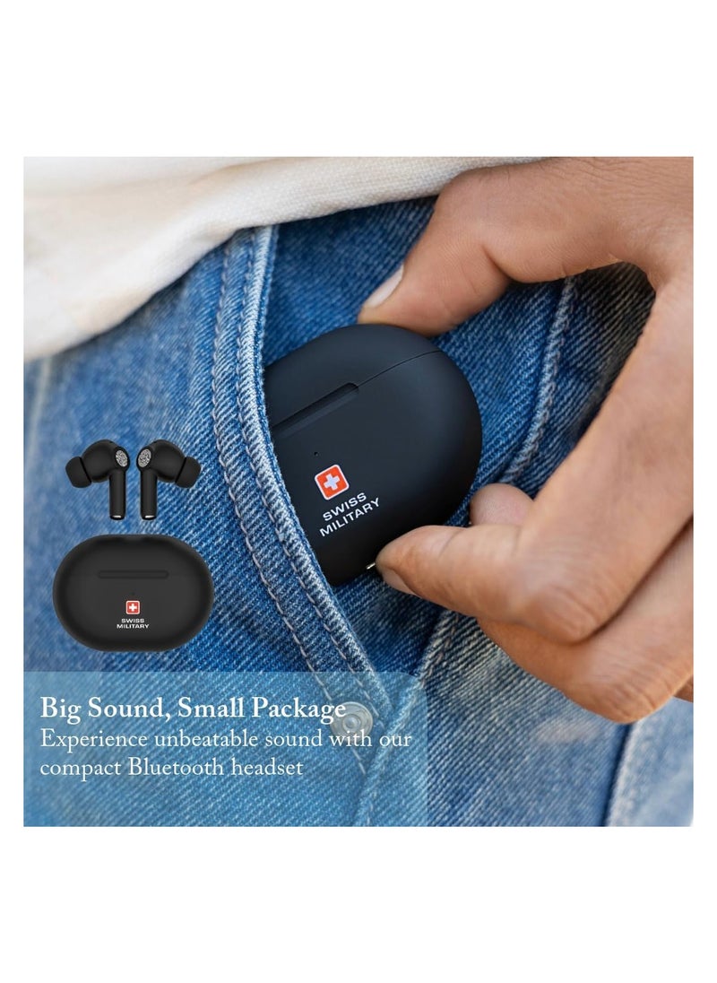 Swiss Military Delta5 Active Noise Cancelling Earbuds with ENC & Transparency Mode, Smart Touch Sensors, 300Hr Standby & 5Hr Music Time, Seamless Connectivity, Works with Android/iOS Phones- Black