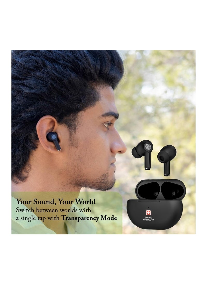 Swiss Military Delta5 Active Noise Cancelling Earbuds with ENC & Transparency Mode, Smart Touch Sensors, 300Hr Standby & 5Hr Music Time, Seamless Connectivity, Works with Android/iOS Phones- Black