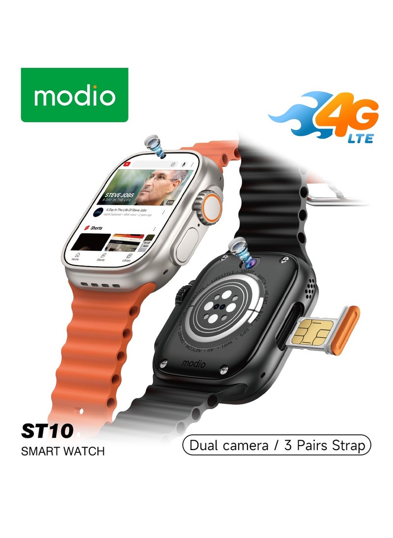 Modio ST10 Smart Watch WATERPROOF With SIM Wi-Fi Dual Camera 2.2 Inch Display 4GB RAM 64GB Memory 3 Pairs of Straps (Black)