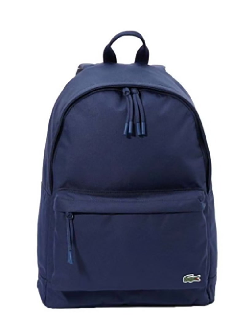 A blue backpack with logo embroidery