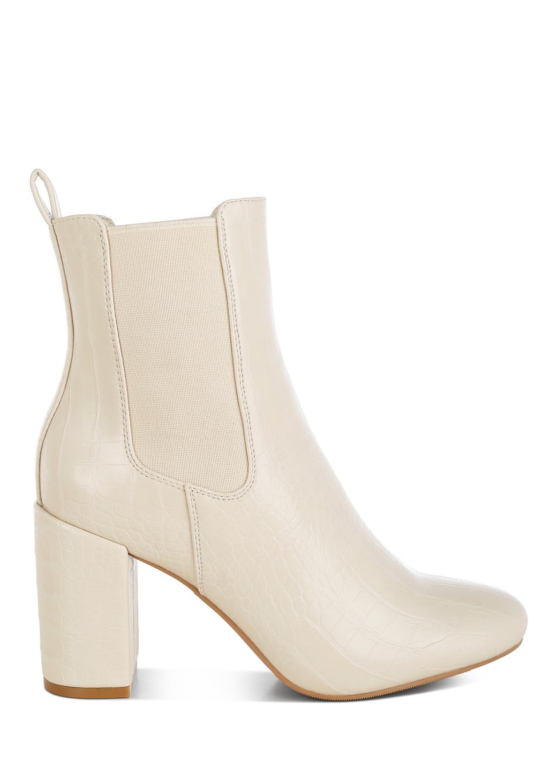 Faux Leather Block Heel Ankle Boots in Beige