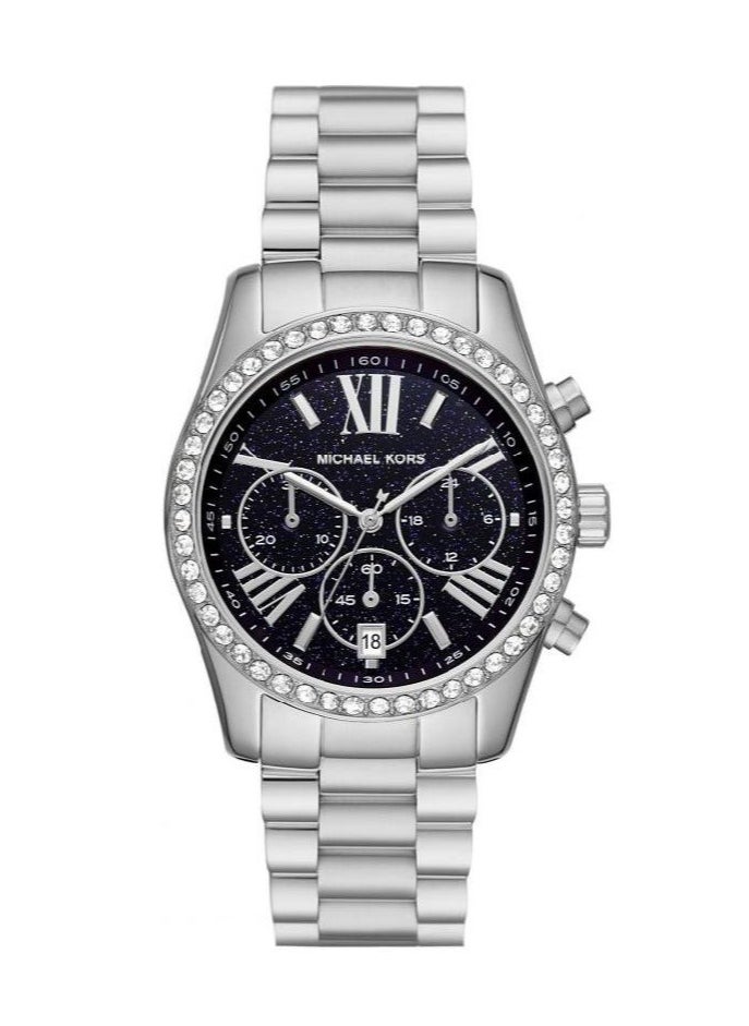 Michael Kors Lexington Chronograph Black Dial Silver Steel Strap Watch For Women - MK7277