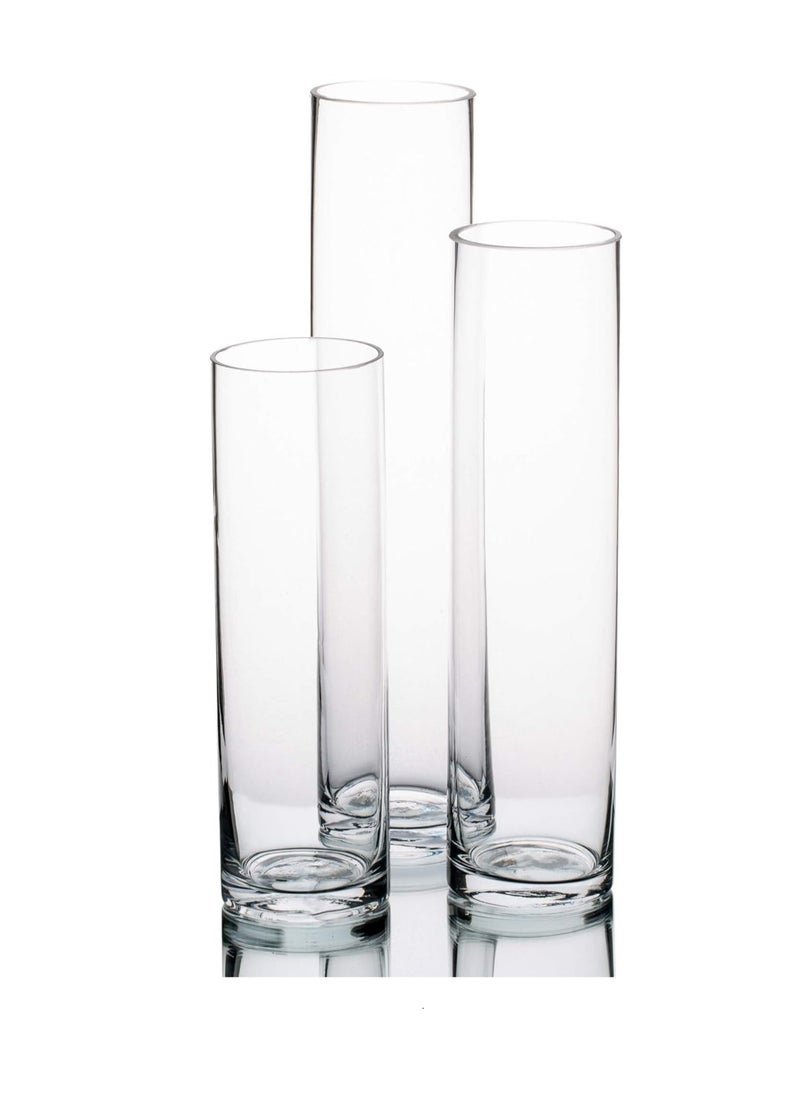 Glass Cylinder Vases Set of 3, Clear Floating Candle Holders, Different Heights for Wedding Centre piece and Home Decor