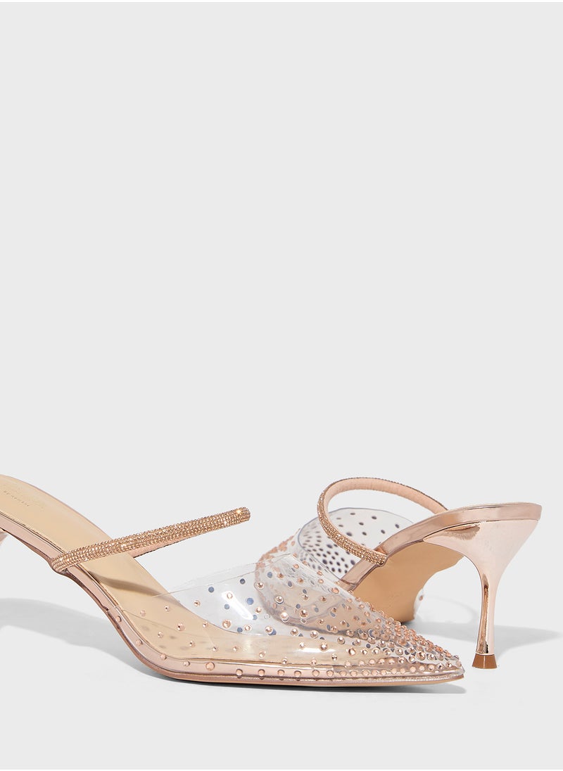 Diamante Clear Pointy Mid Heel Pump