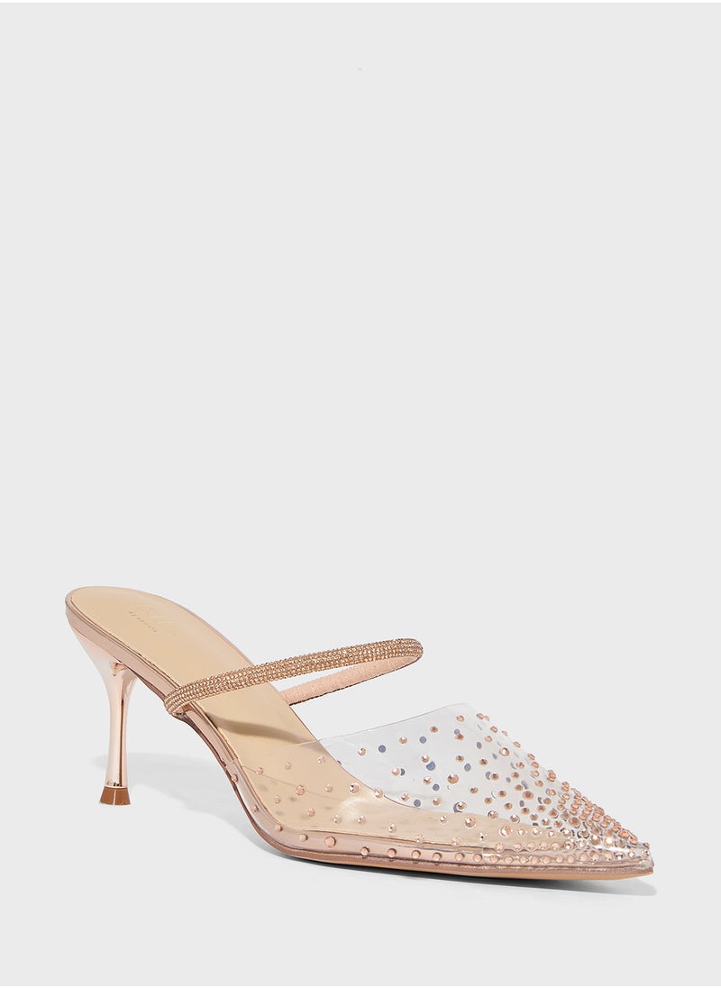 Diamante Clear Pointy Mid Heel Pump