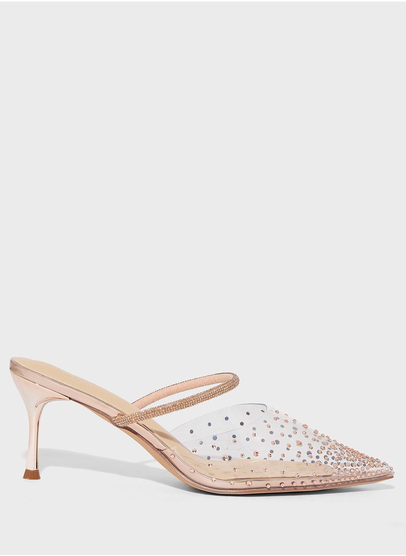 Diamante Clear Pointy Mid Heel Pump