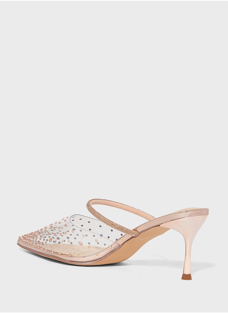 Diamante Clear Pointy Mid Heel Pump