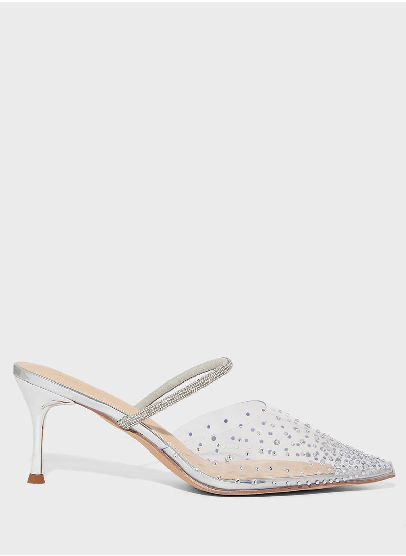 Diamante Clear Pointy Mid Heel Pump