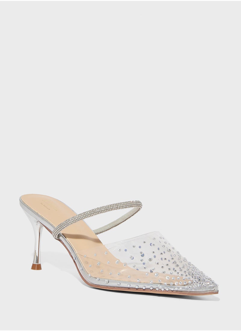 Diamante Clear Pointy Mid Heel Pump