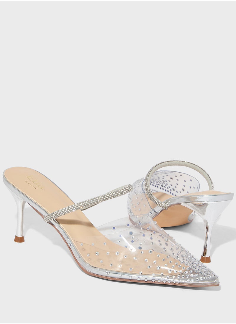 Diamante Clear Pointy Mid Heel Pump