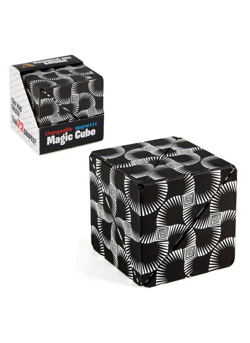 Geometric Three-Dimensional Magnetic Wooden Magic Cube Toy 3d Magnetic Building Blocks Decompression Infinite Flip (Black and white pattern magic cube)