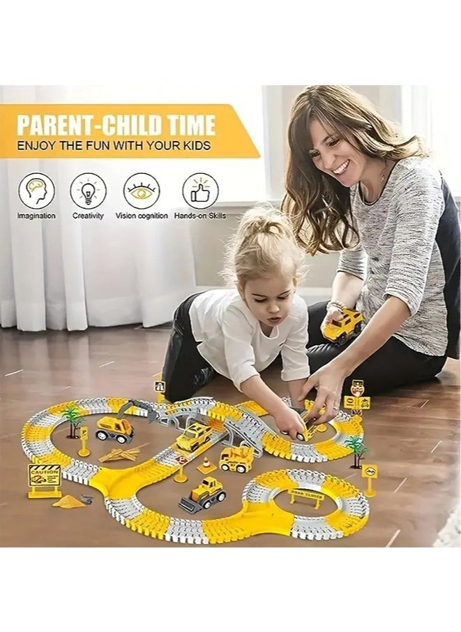 255 PCS Construction Race Tracks for Kids Boys Toys,4 Construction Cars Excavators Truck Toy, Engineering Gifts For 3-8 Year Old Boys Girls