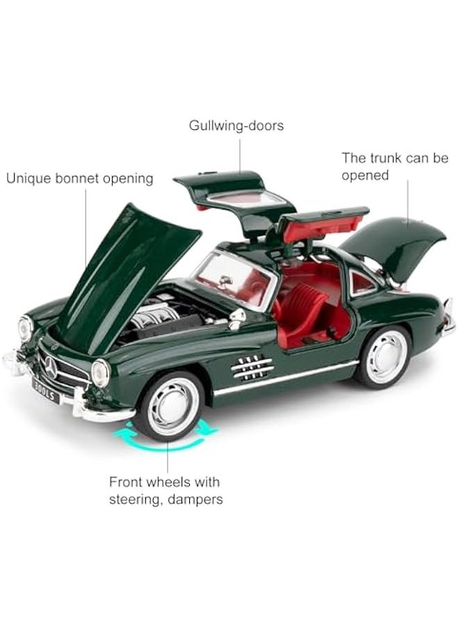 1955 Mercedes-Benz 300sl Vintage Car Model, 1/32 Toy Car with Sound and Light Function, Children's Toy Model Car with PullBack Function, Collector's Quality Model Car, Gift for Children (green)