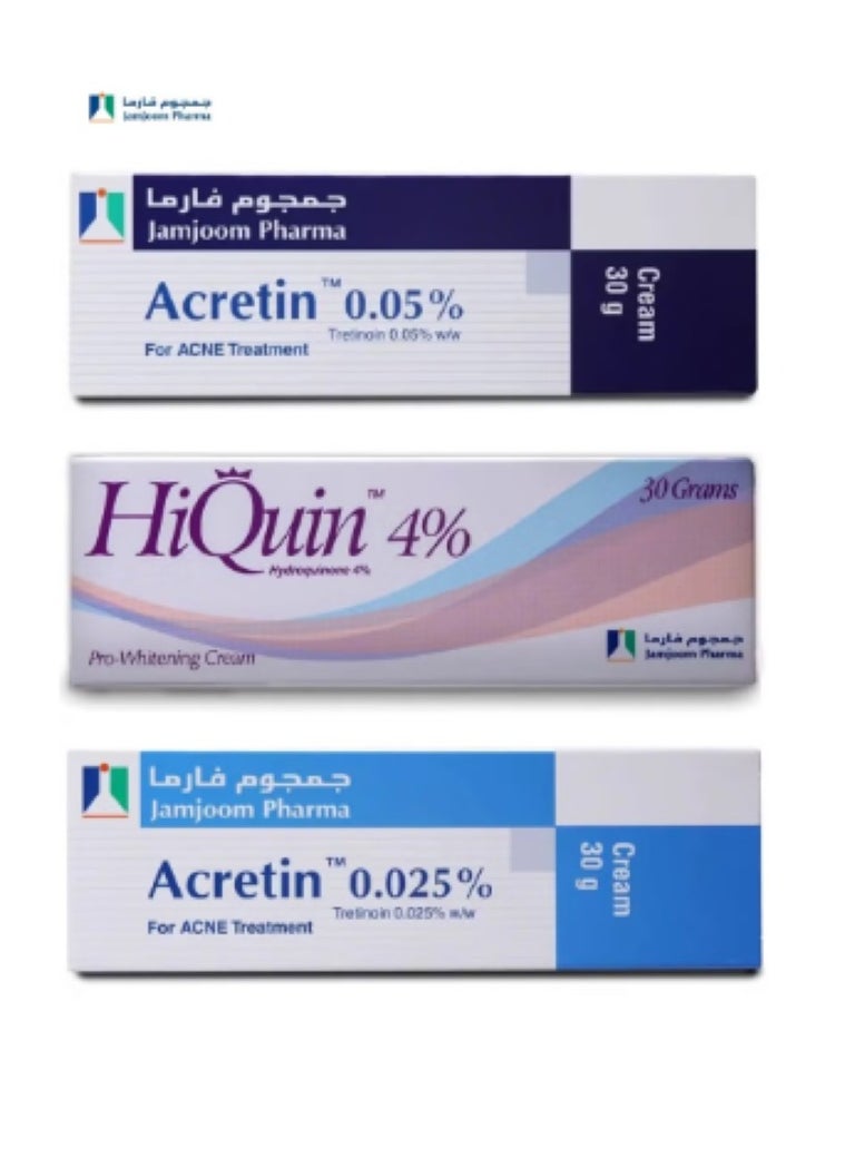 Skin Care Set for the Optimal and Ultimate Treatment for Acne and Skin Problems(Acretin 0.05% Acne Cream 30 gm + Hi Quin Pro Whitening Exfoliating Acne Treatment 4% Cream 30 gm + Acretin 0.025% Cream 30 gm)