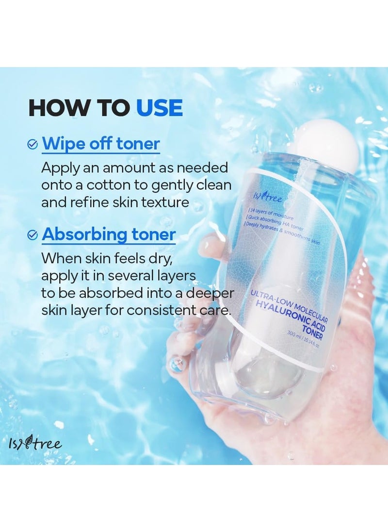 ISNTREE Ultra-Low Molecular Hyaluronic Acid Toner 300ml, 10.14 fl.oz | Korean Skincare | Quick Absorbing | Deep Hydration & Skin Smoothing | Vegan Skincare