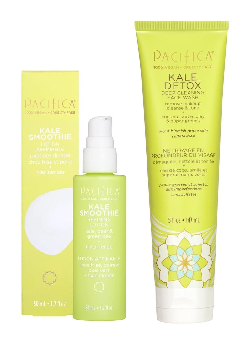 Pacifica Beauty Kale Smoothie Refining Lotion & Detox Deep Cleaning Face Wash Set, Skincare, Moisturizer, Niacinamide, Minimize Pores, Serum, Facial Cleanser, Vegan, 1.7 fl oz and 5 fl oz (Set of 2)