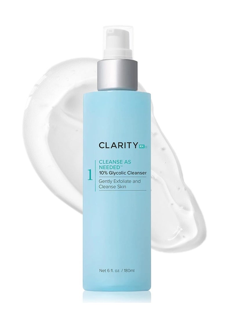 ClarityRx Cleanse As Needed 10% Glycolic Acid Exfoliating Face Wash, Natural Plant-Based Brightening Facial Cleanser for Smooth, Glowing Skin (4 fl oz)