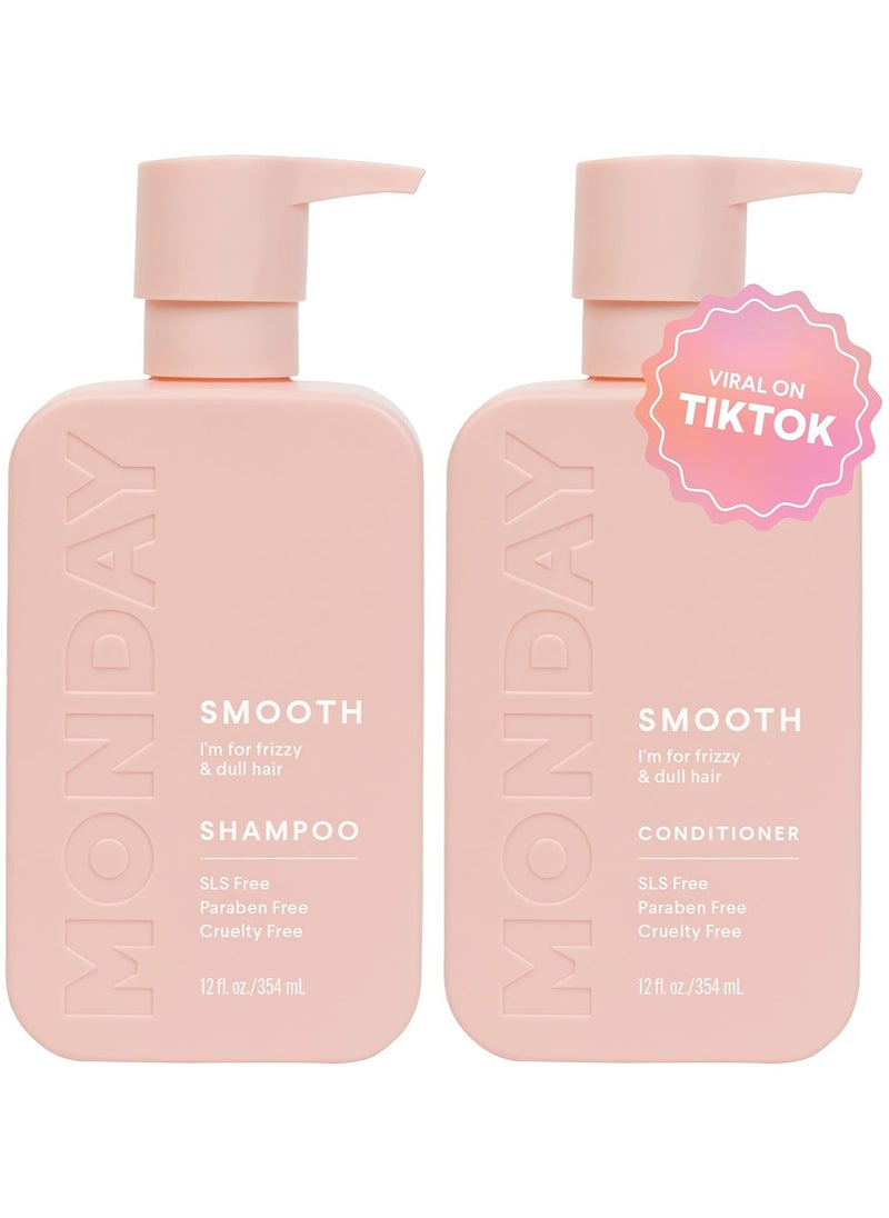 MONDAY HAIRCARE Smooth Shampoo + Conditioner Bathroom Set (2 Pack) 12oz Each for Frizzy, Coarse, and Curly Hair, Made from Coconut Oil, Shea Butter, & Vitamin E