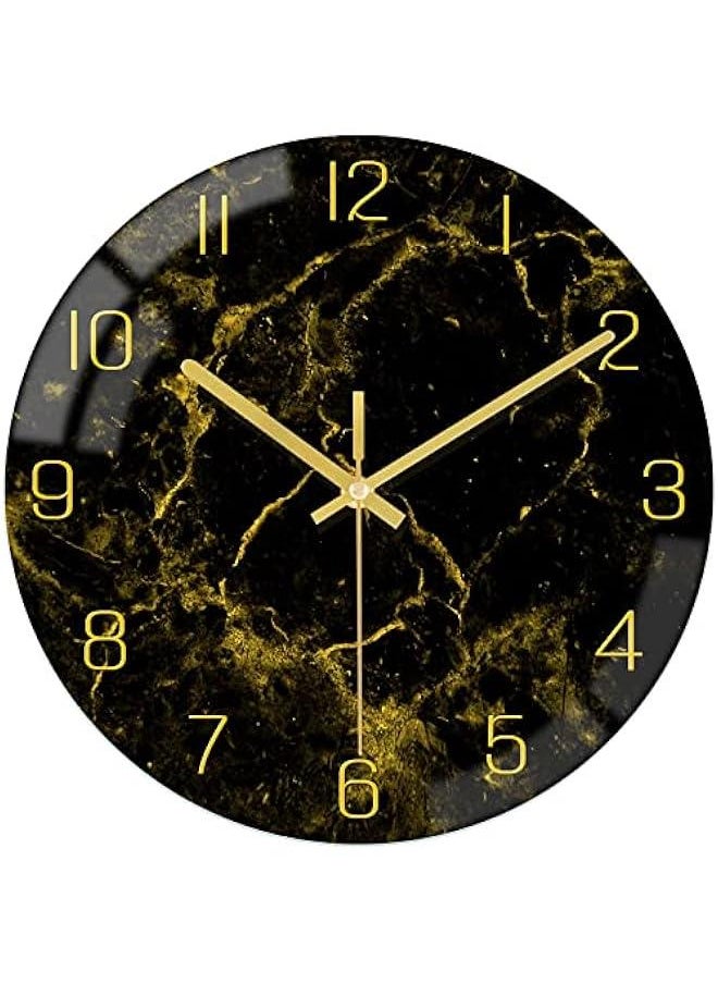 Black Modern Marble Texture Clock Gold Hands Rustic Kitchen Decor 12 Inch Wall Clock Battery Operated Non-Ticking Large Round Quartz Golden Decorative for Office Bedroom, Living Room