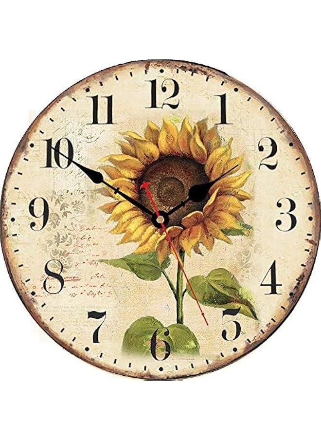 Sunflower Wall Clock Silent Non Ticking - 8 Inch Wooden Quality Quartz Battery Operated Round Wall Clocks for Home/Office/Classroom/School/Kitchen