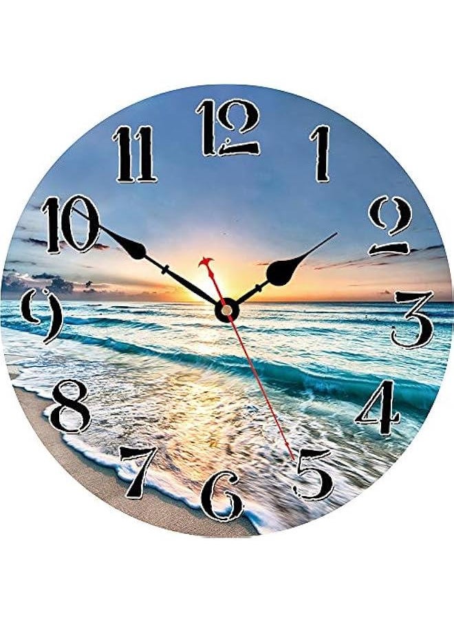 Kitchen Wall Clock - Home Decorative Wall Clock,14 Inch Silent Non-Ticking Quartz Battery Operated Clock, Easy to Read Round Arabic Numerals Ocean Wave Pattern Wooden Wall Clocks