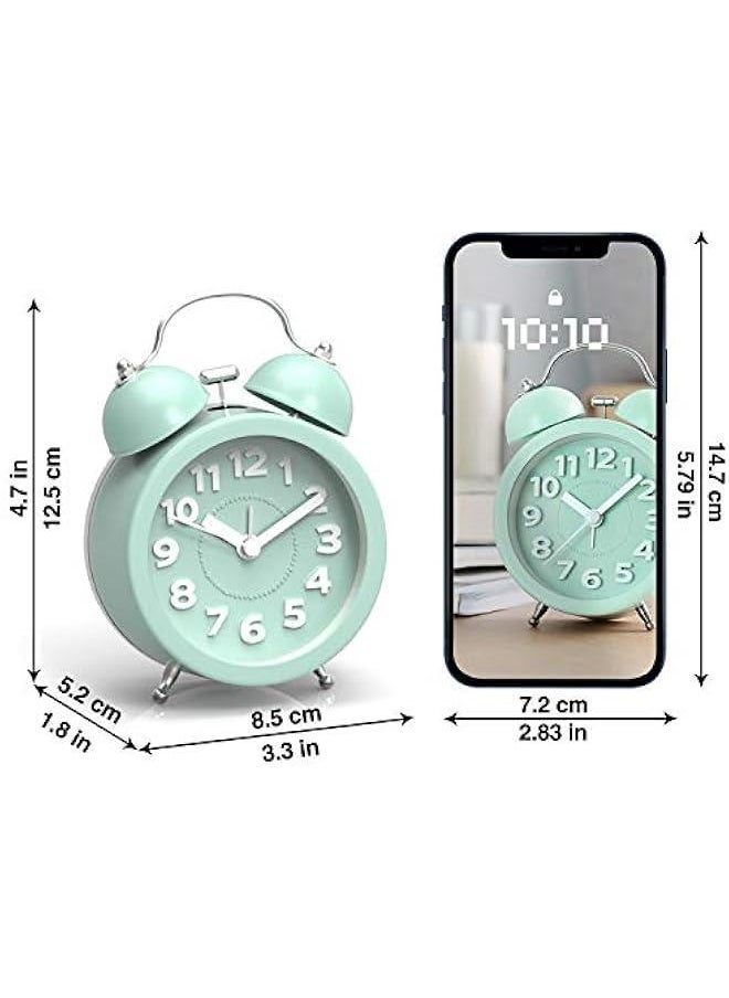 Twin Bell Alarm Clock Loud Alarm Clock for Heavy Sleepers Bedrooms, Analog Alarm Clock, Small Alarm Clock, Retro Design for Kids, Battary Operation, 3 inch, Mint Green