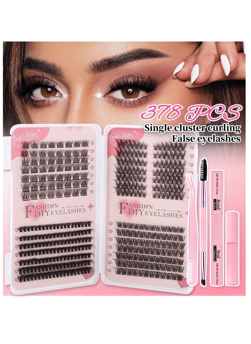 4 Styles DIY Eyelash Extension Kit 378 Clusters, 8-16mm Mixed Individual Lashes Cluster, Natural Curl Personal Eyelash Set, Segmented False Eyelashes, Thick Eyelashes